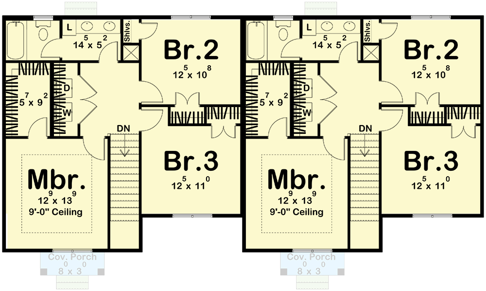 Plan 623342DJ: Duplex House Plan with Side-By-Side 3-Bedroom Units - 1277 Sq Ft Each - Floor Plan - 2nd Floor - Modern Farmhouse, New American, Traditional
