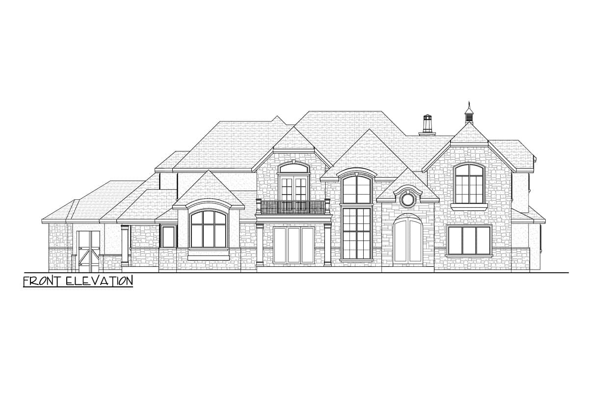 Front elevation house plan showing a multi-story stone home with multiple gables, dormers, and a second-story balcony.