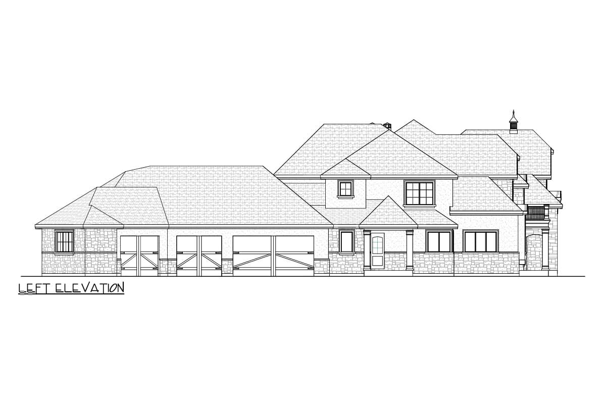 Left elevation house plan showing multi-story house with stone facade, large garage doors, dormers, and varied rooflines.