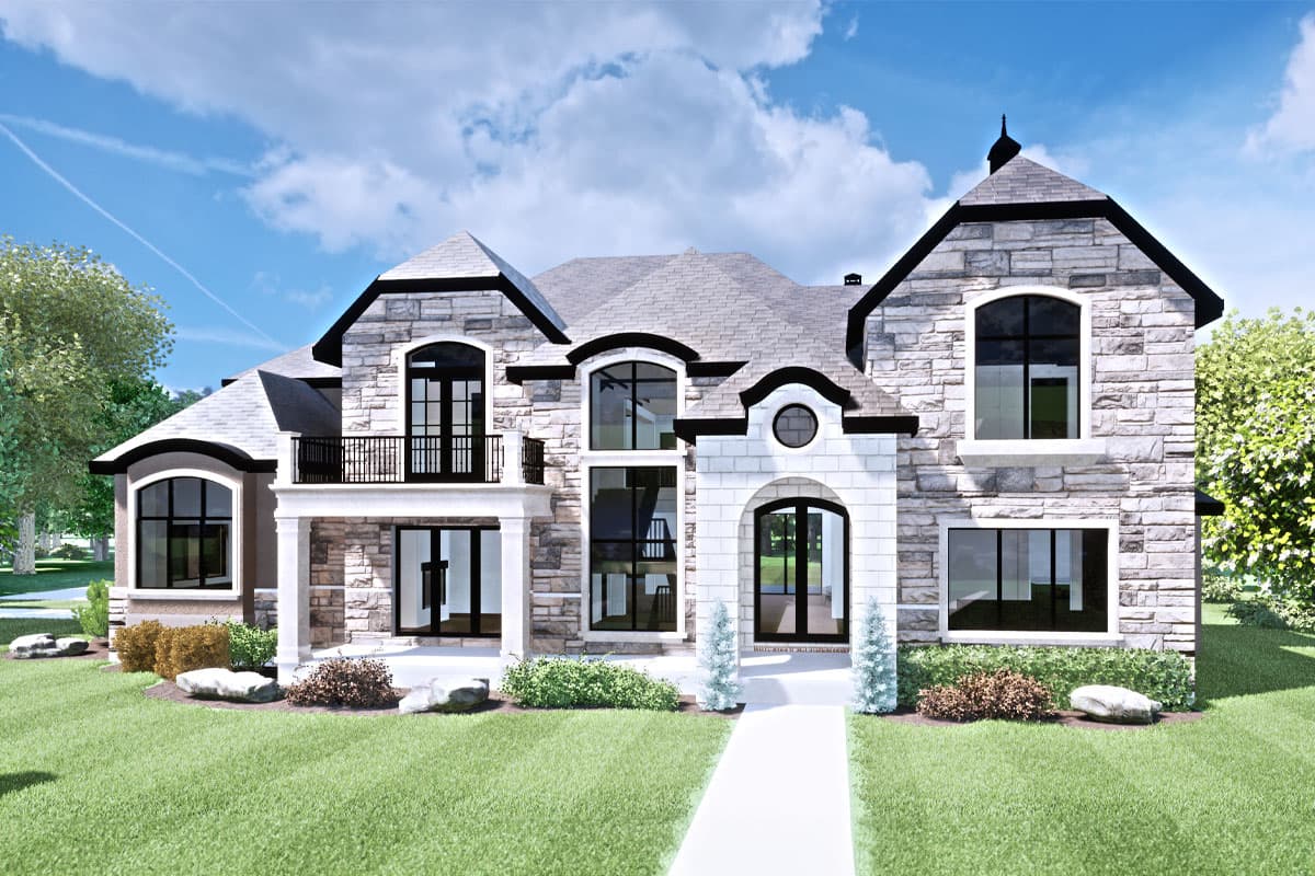 House plan exterior. Two-story home with stone facade, multiple gables, arched windows, balcony, and covered porch with columns.