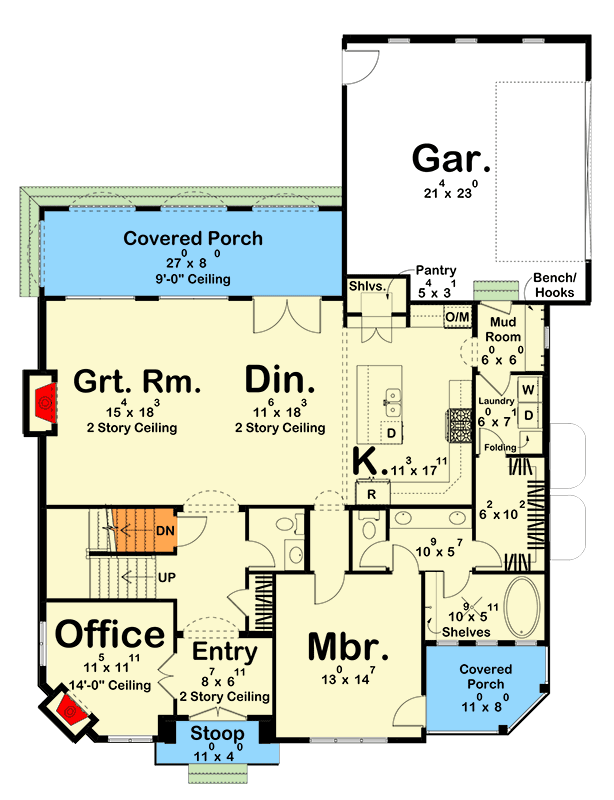 Plan 623343DJ: 2-Story Victorian Home Plan with Two Story Great Room and Office - 2433 Sq Ft - Floor Plan - Main Level - Cottage, European, Transitional, Victorian