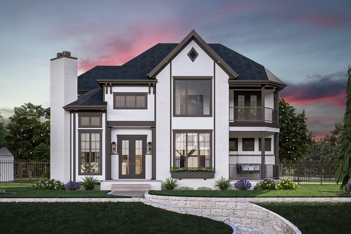 House plan exterior featuring a two-story design with a hipped roof, dormers, and a balcony. Includes a brick chimney and stone pathway.