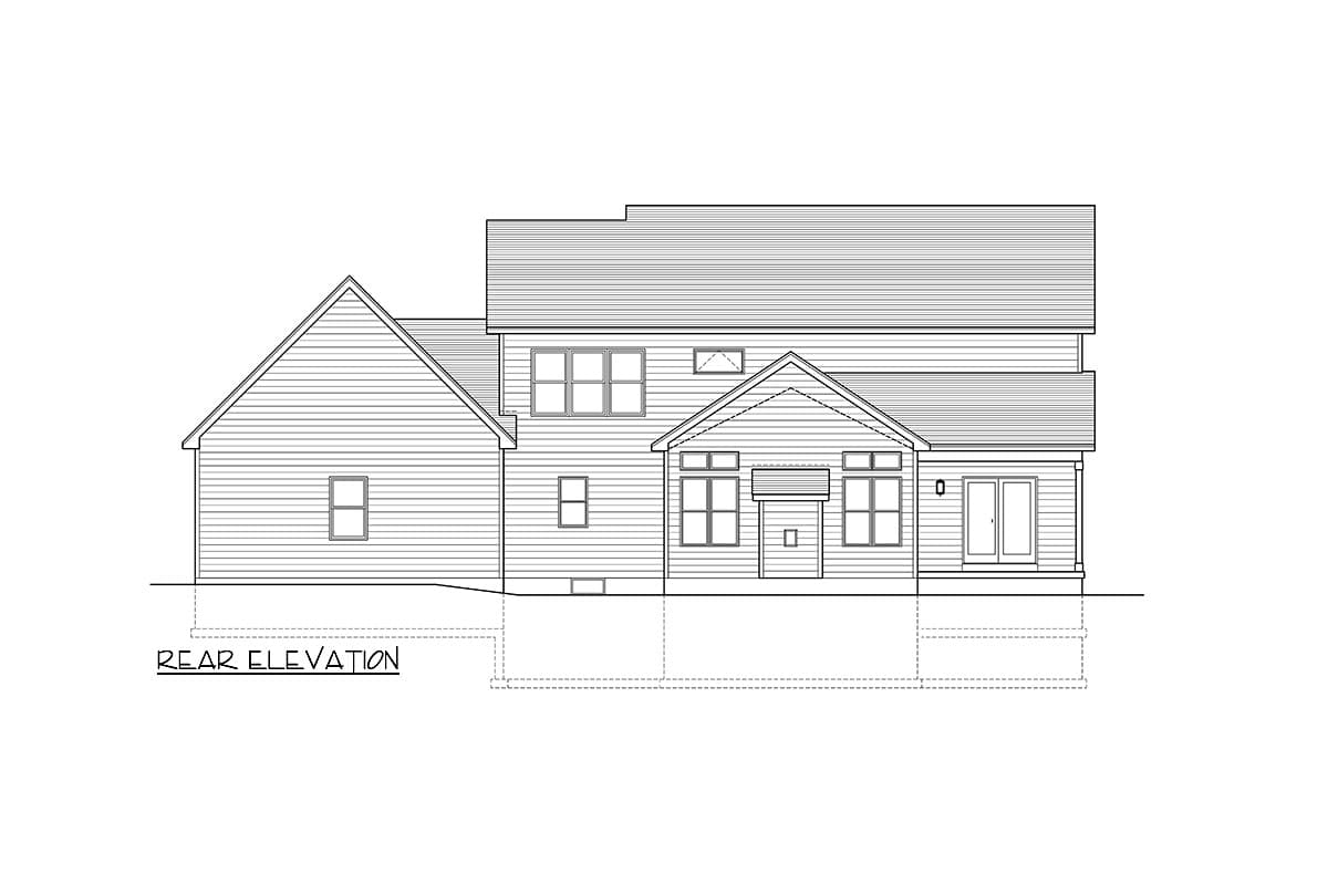 Rear elevation drawing of a house plan with multiple gables, varied window arrangements, and a covered entry.