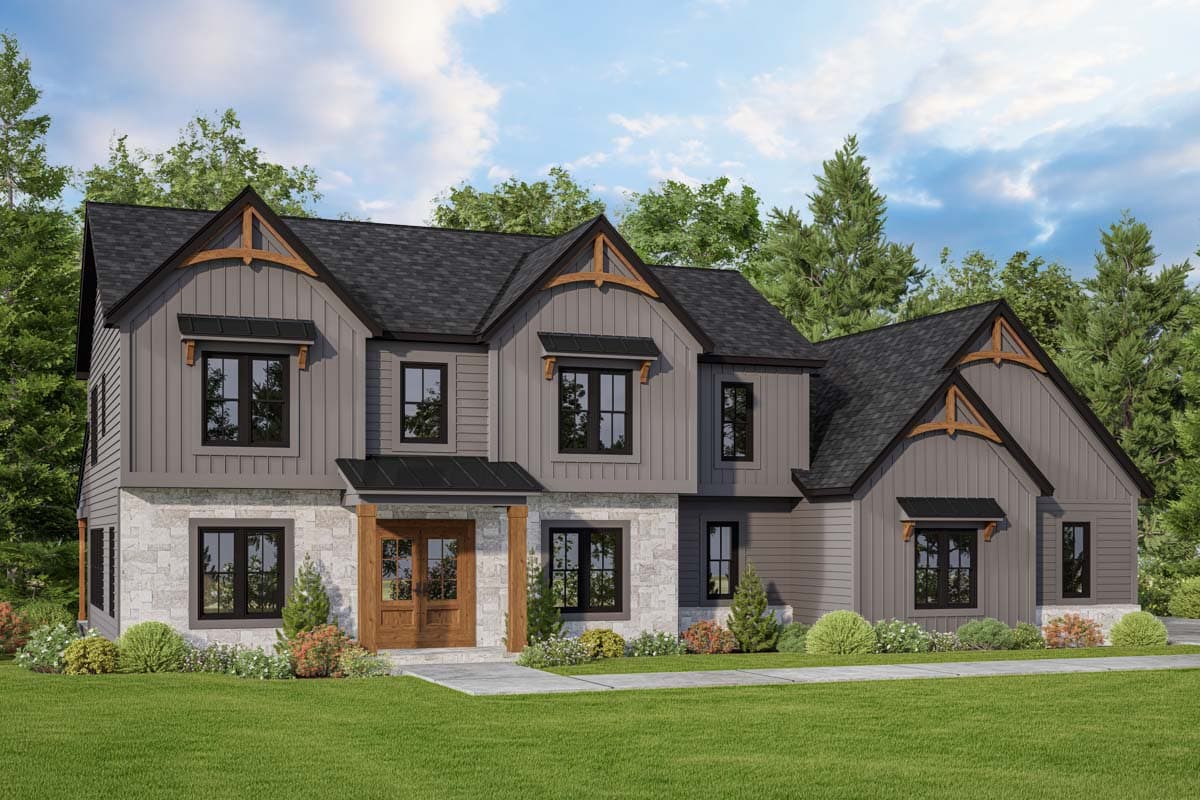 House plan exterior. Two-story home with a gabled roof, stone facade, and dormers. Features include decorative wood accents and a covered entry.