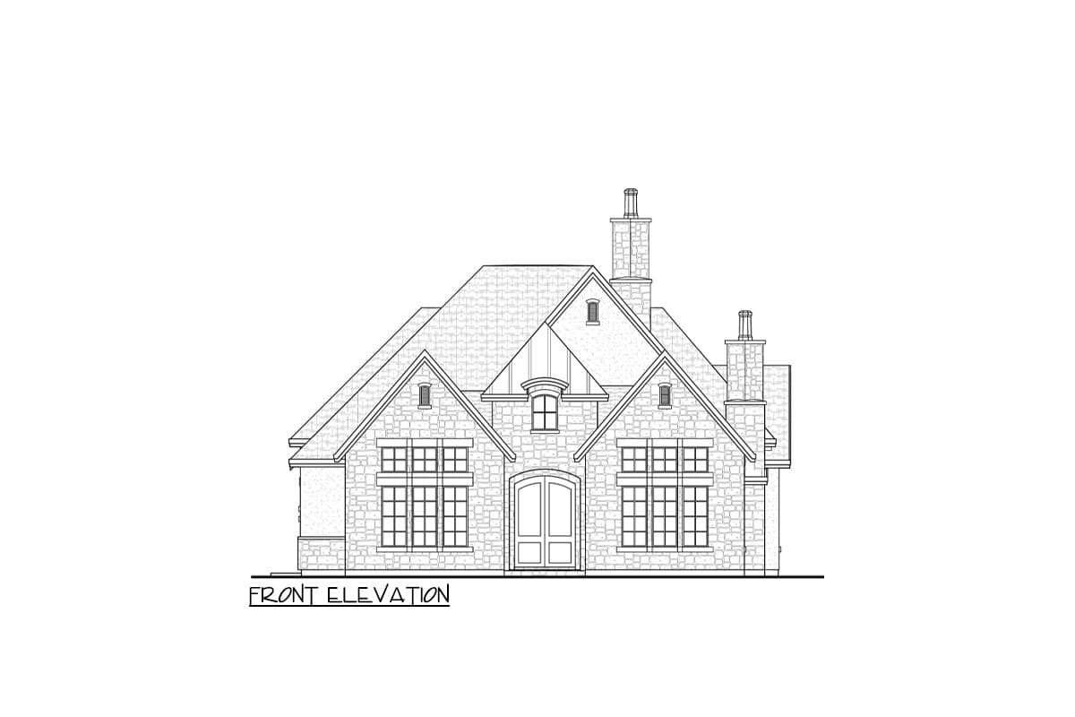Front elevation drawing of a stone house with arched double doors, multiple gables, and stone chimneys.