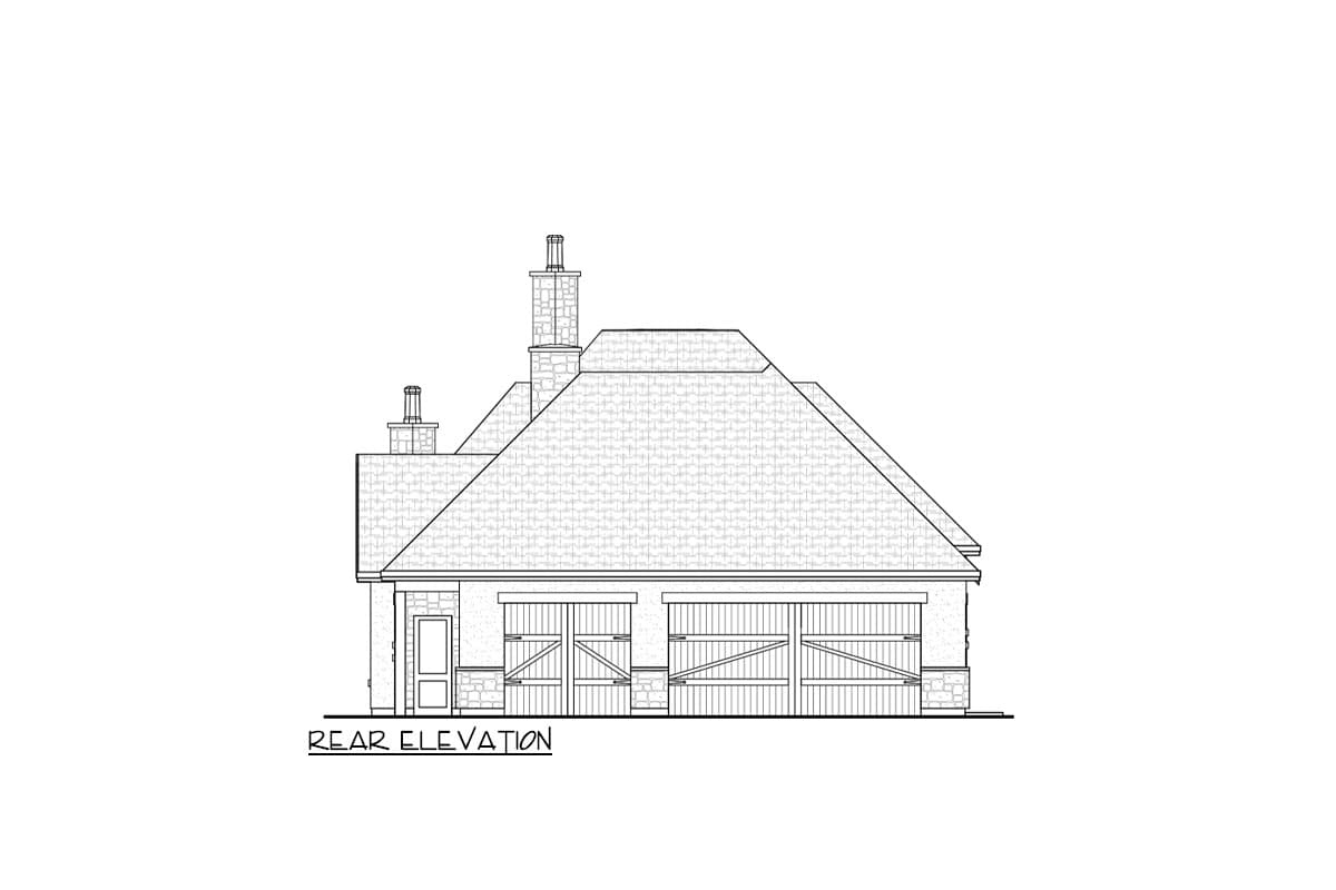 Rear elevation drawing of a house plan featuring a mansard roof, two chimneys, and a three-car garage with carriage doors.