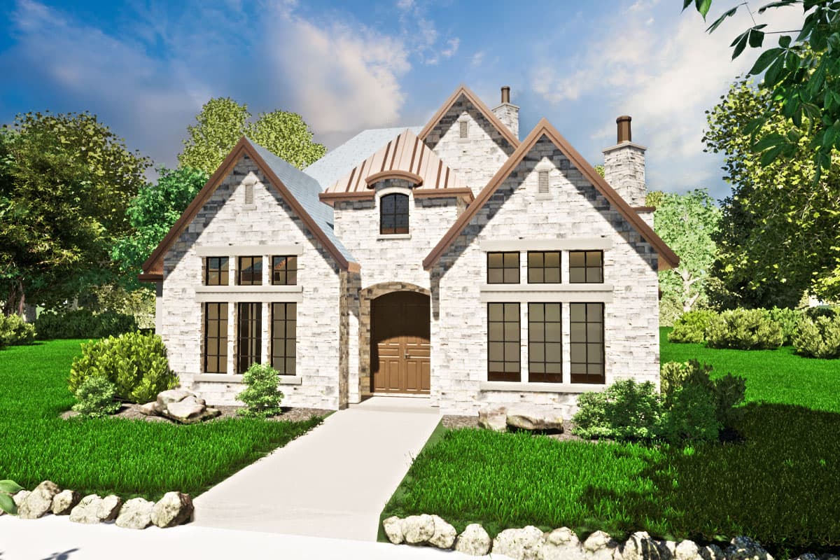 House plan exterior with stone veneer, multiple gables, and a copper-toned roof. Features include an arched entryway and several multi-paned windows.