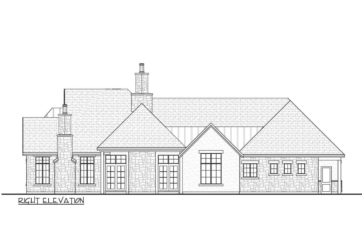 Right elevation drawing of a house plan featuring stone exterior, multiple gables, chimneys, and varied window styles.