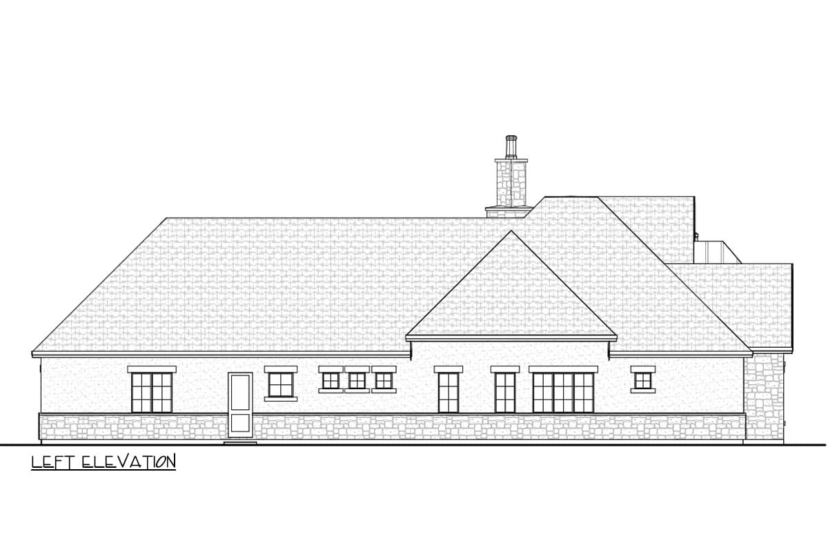Left elevation drawing of a single-story house with a stone base, gabled rooflines, and a prominent chimney.
