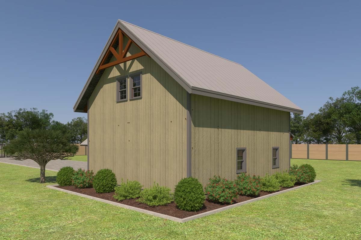House plan exterior: Two-story barn-style structure with a metal gable roof, exposed rafter tails, and vertical siding.