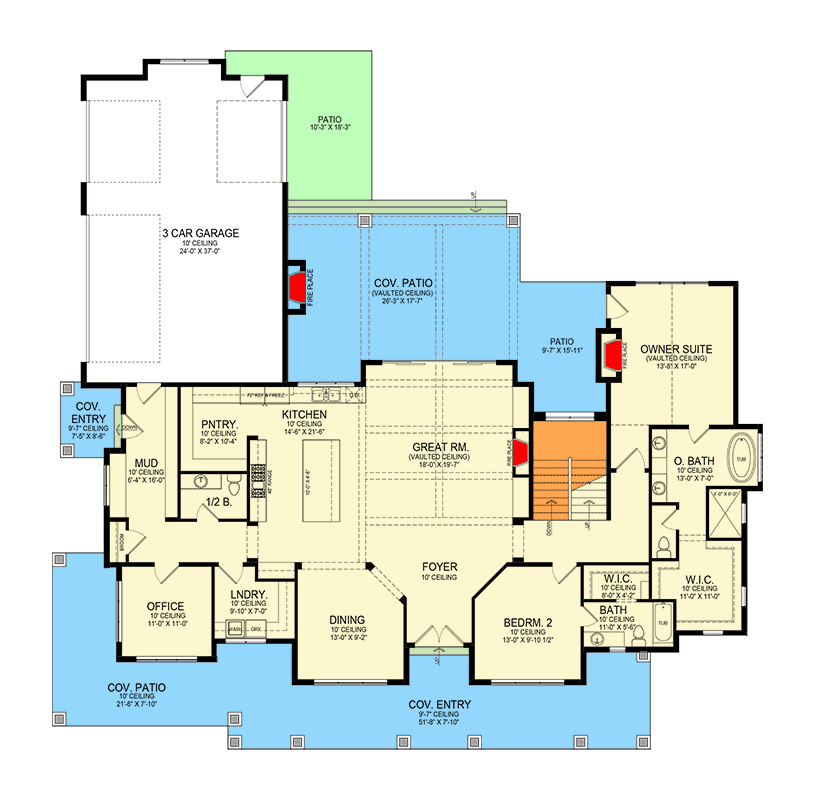 Plan 290189IY: 6 Bed Modern Farmhouse Plan with Large Front Porch - 3685 Sq Ft - Floor Plan - Main Level - Country, Farmhouse, Modern Farmhouse, New American