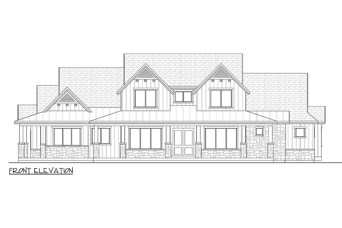 Front elevation drawing of a two-story house plan with a covered porch, stone base, and multiple gabled dormers.