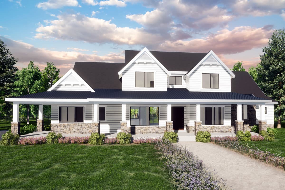 House plan exterior. Two-story Modern Farmhouse with a gabled roof, covered porch, and stone-clad columns.