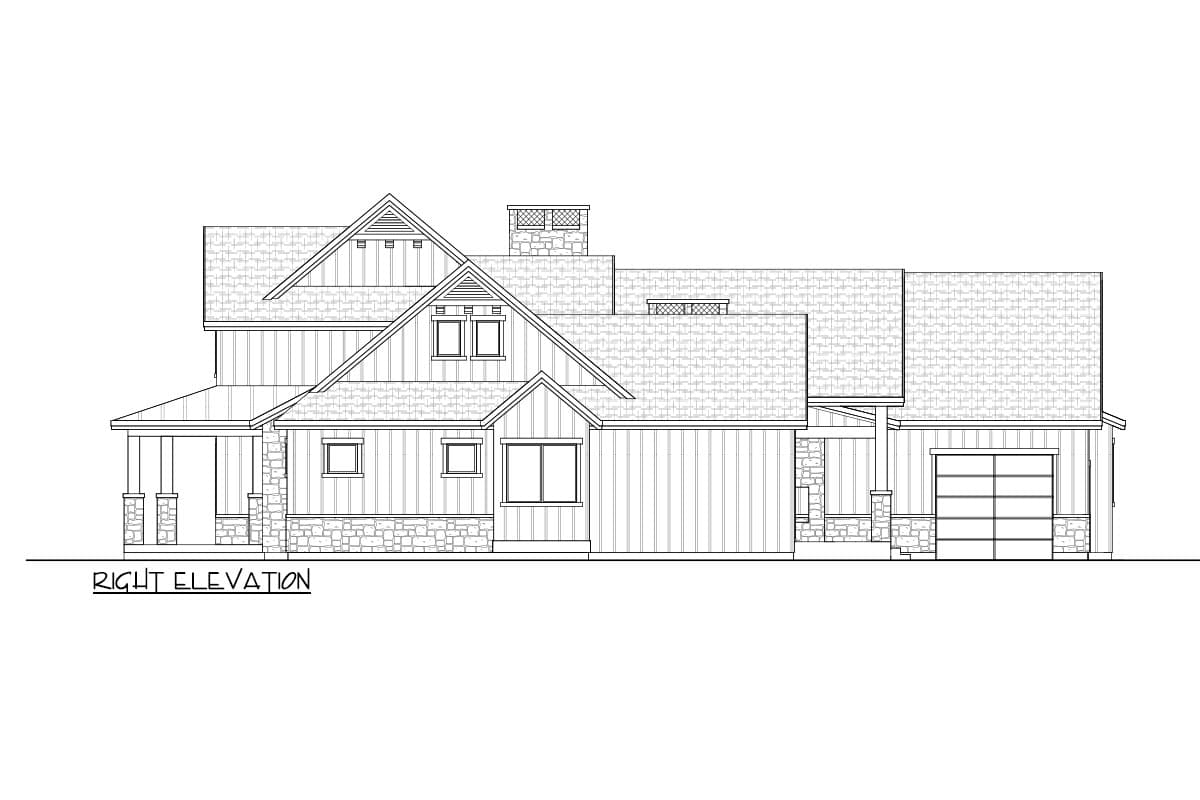 Right elevation house plan drawing showing multiple gables, stone accents, a covered porch, and an attached garage.
