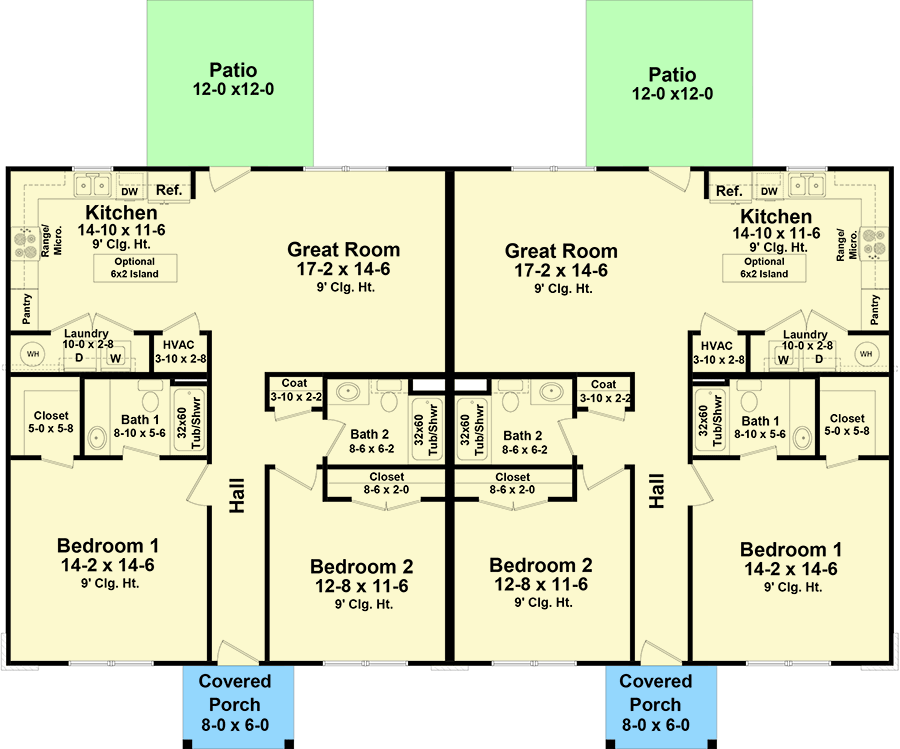 Plan 51219MM: Southern Country Duplex House Plan with 2 Bed Units - 1216 Sq Ft Each - Floor Plan - Main Level - Country, Ranch, Southern, Traditional