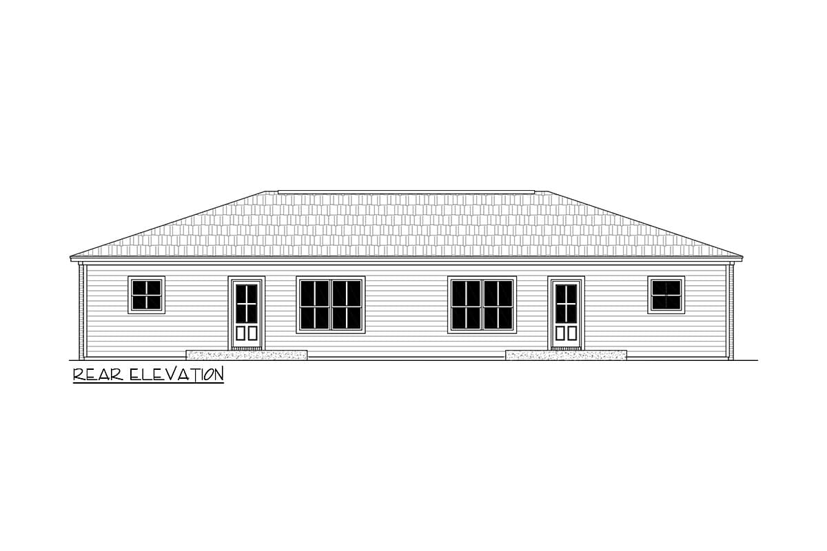 Rear elevation drawing of a single-story house with two doors and five windows.