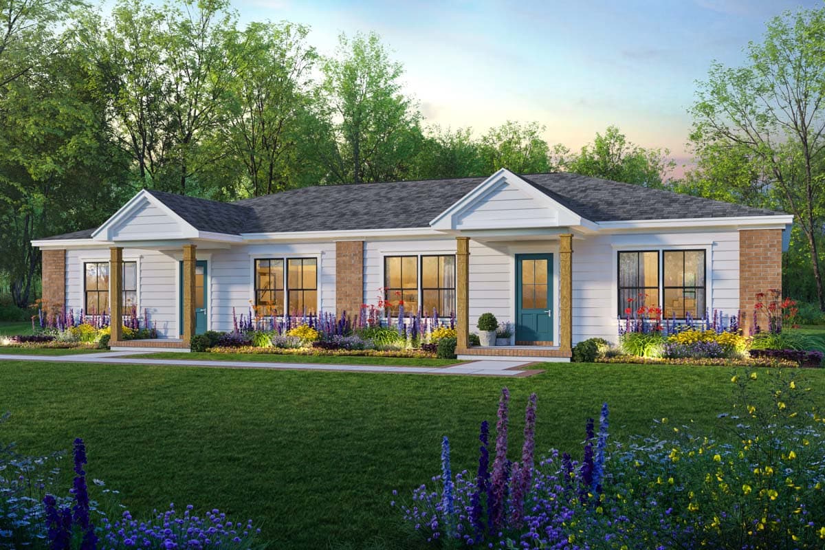 House plan exterior. Ranch style with multiple gabled rooflines, brick accents, and a covered porch with supporting columns. Single story.