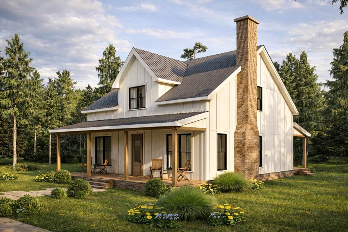 Modern farmhouse style house plan exterior with a prominent brick chimney, wraparound porch, and vertical siding.