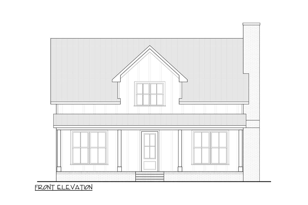 Front elevation drawing of a two-story house plan featuring a gabled dormer, full-width porch, and brick chimney.
