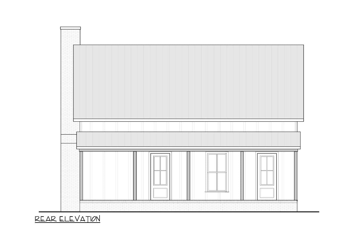 Rear elevation drawing of a house plan showing a covered porch with two doors and one window, and a chimney.