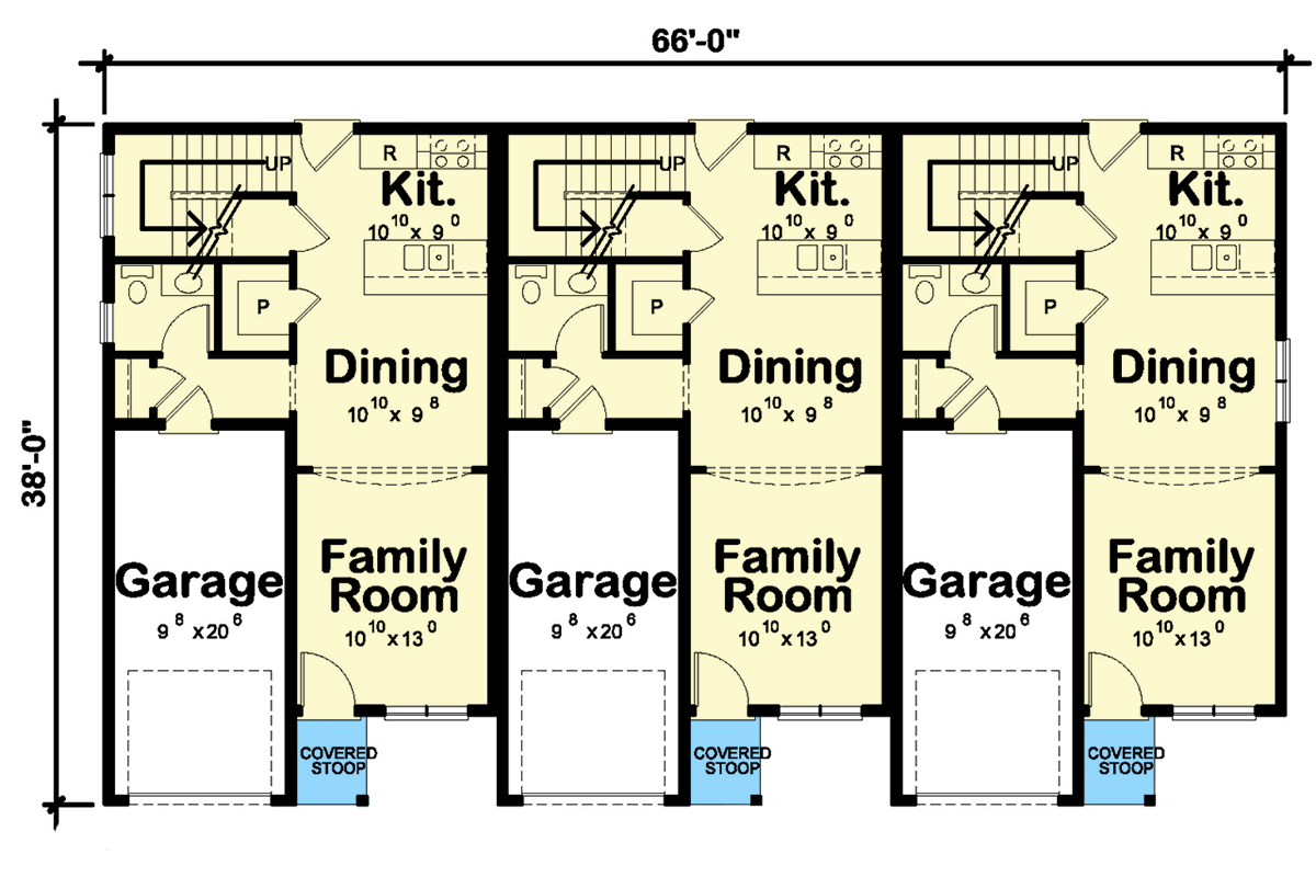 Plan 42452DB: Modern Triplex House Plan with 3 Bedroom Units - 1277 Sq Ft Each - Floor Plan - Main Level - Contemporary, Modern