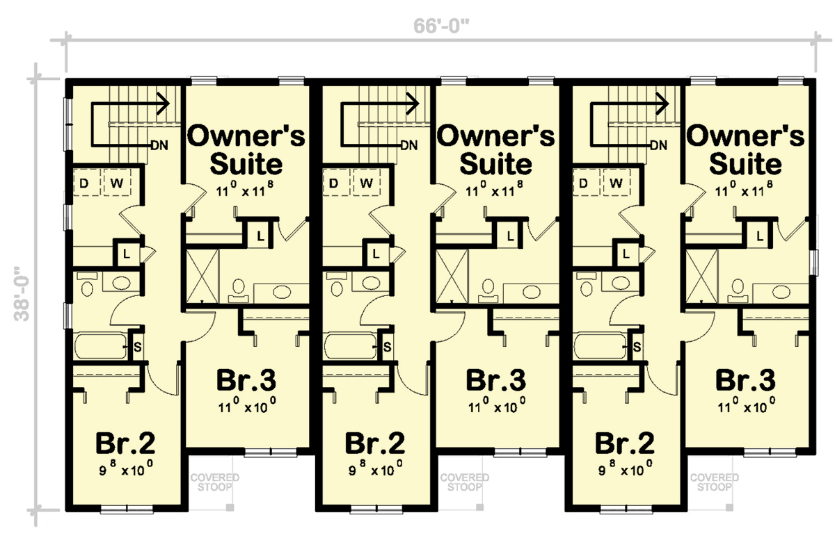 Plan 42452DB: Modern Triplex House Plan with 3 Bedroom Units - 1277 Sq Ft Each - Floor Plan - 2nd Floor - Contemporary, Modern