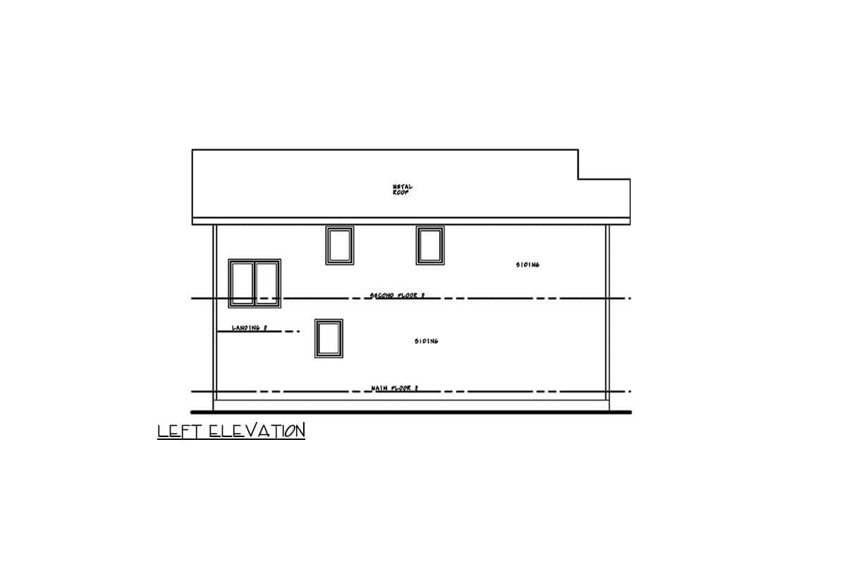 Left elevation drawing of a two-story house plan with siding, multiple windows, and a metal roof.