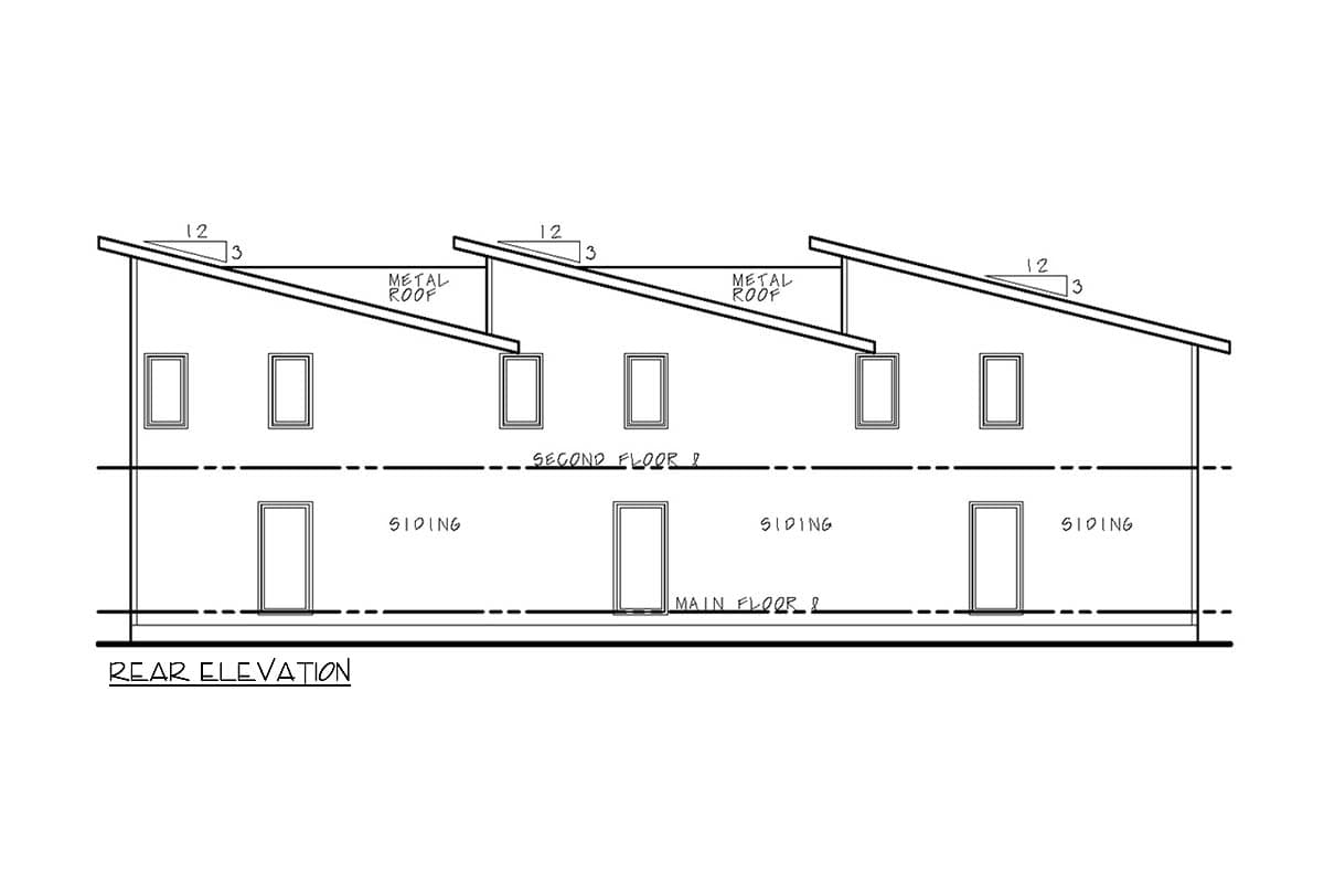 Rear elevation drawing of a two-story house with three units, metal roof, and siding.