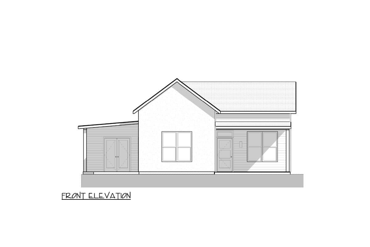 Front elevation drawing of a one-story house with a covered porch, multiple windows, and double doors.