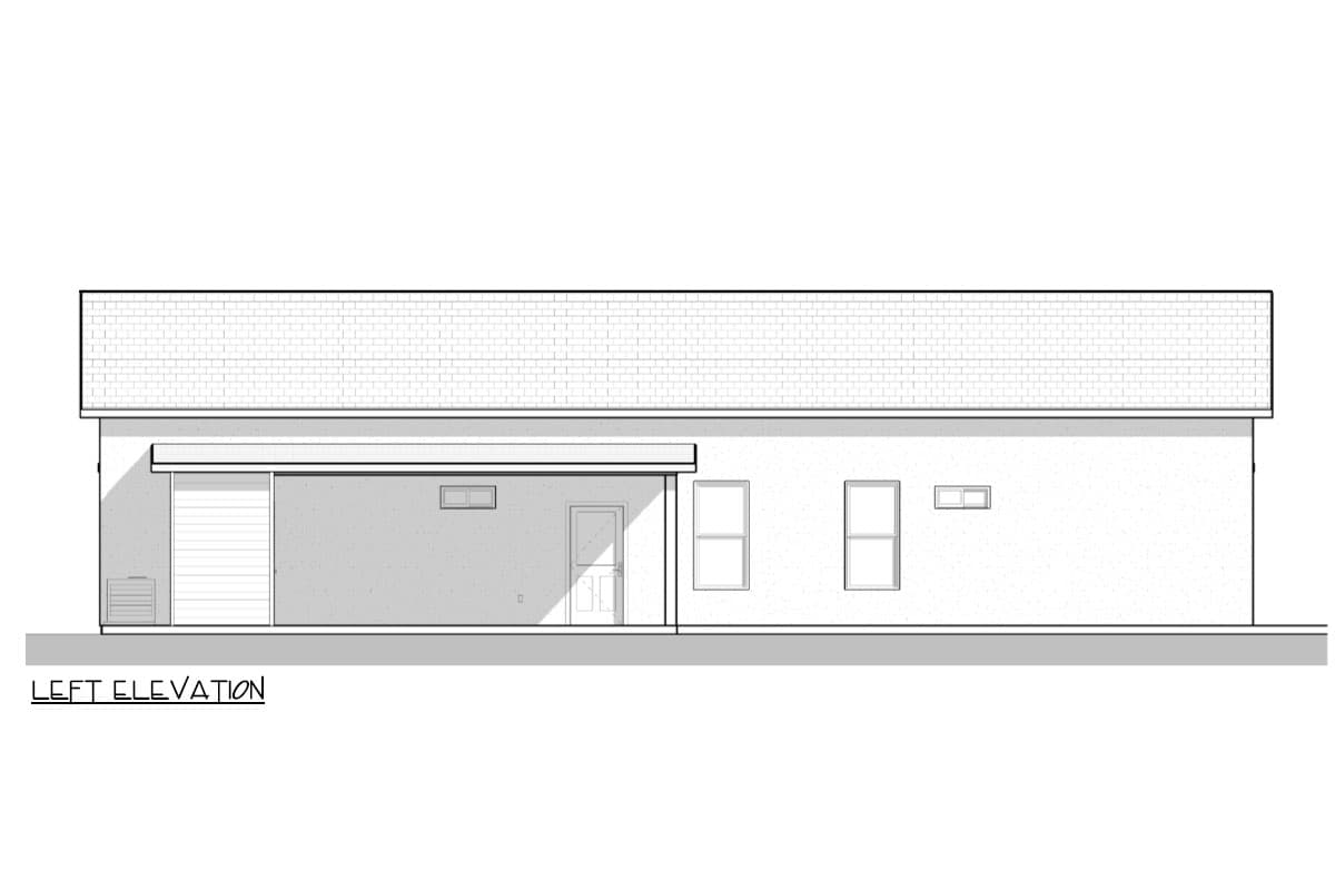 Left elevation house plan with covered porch, garage door, entry door, and multiple windows.