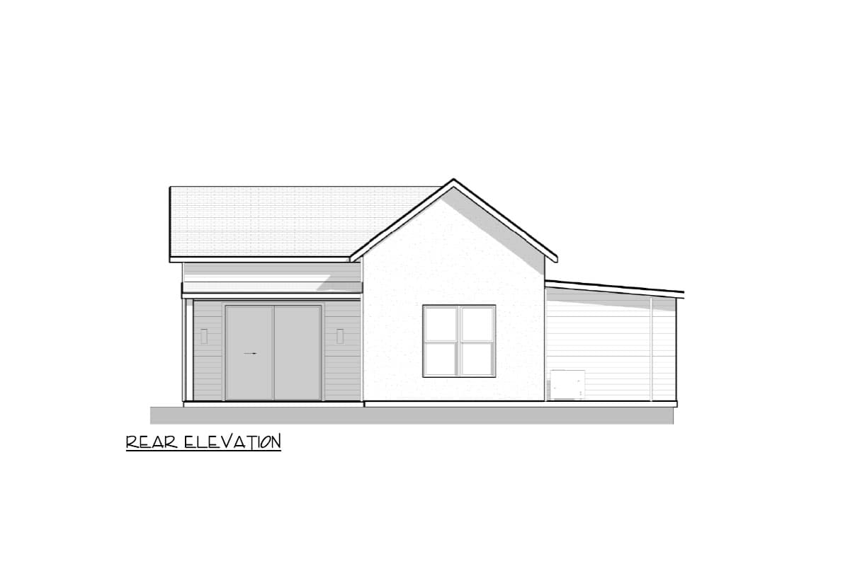 Rear elevation drawing of a single-story house with a gable roof, double doors, and one window.