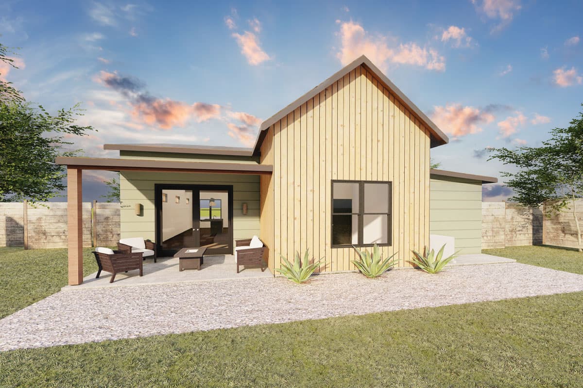 House plan exterior: single-story Modern Farmhouse with vertical wood siding, gabled roof, covered patio, and large windows.