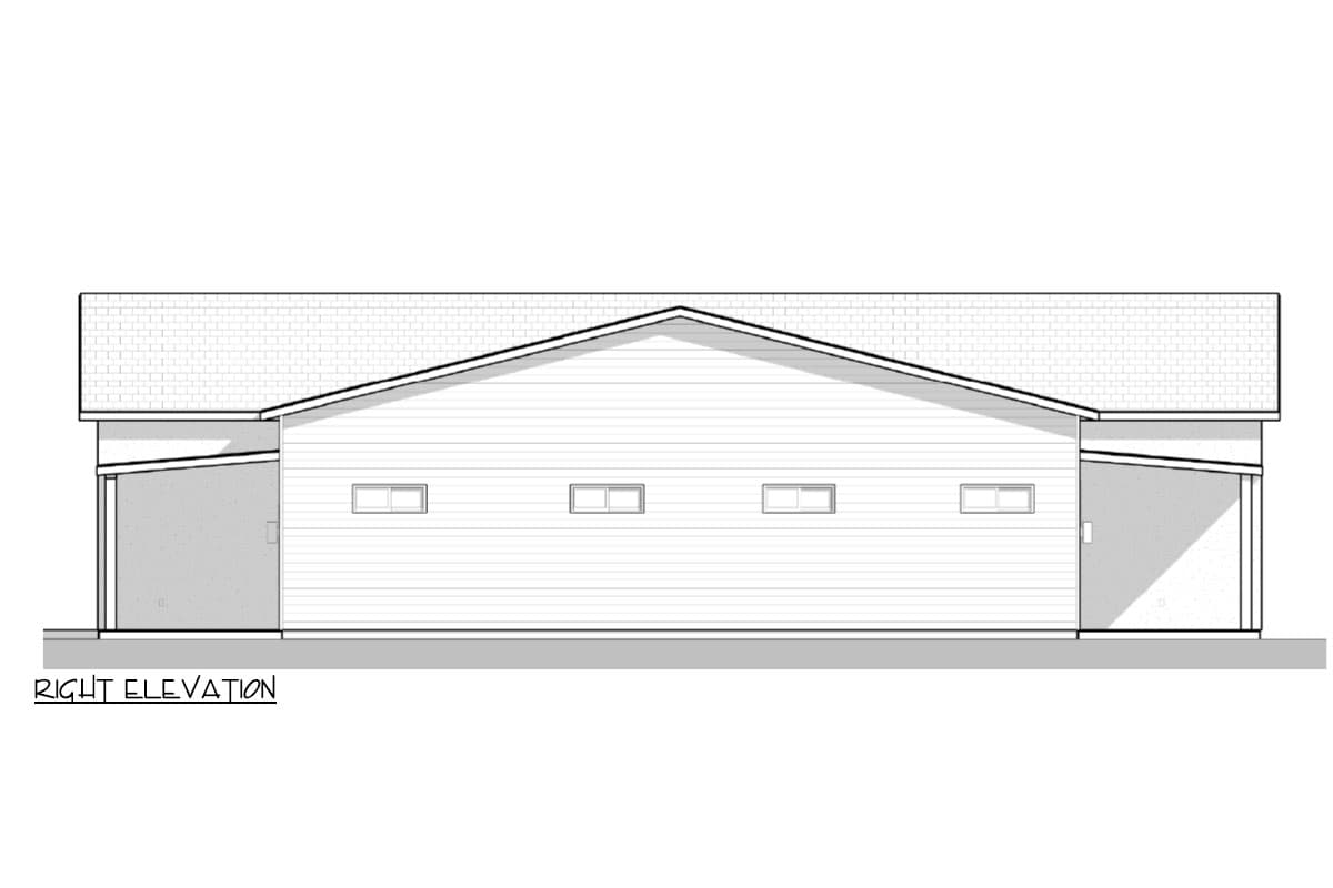 Right elevation floor plan drawing showing a single-story house with horizontal siding, multiple windows, and a pitched roof.