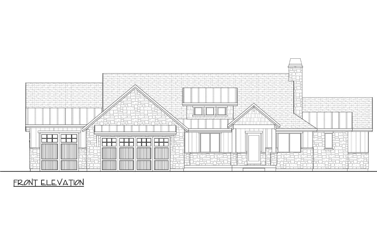Front elevation drawing of a two-story house plan with stone facade, multiple gables, and a prominent chimney.