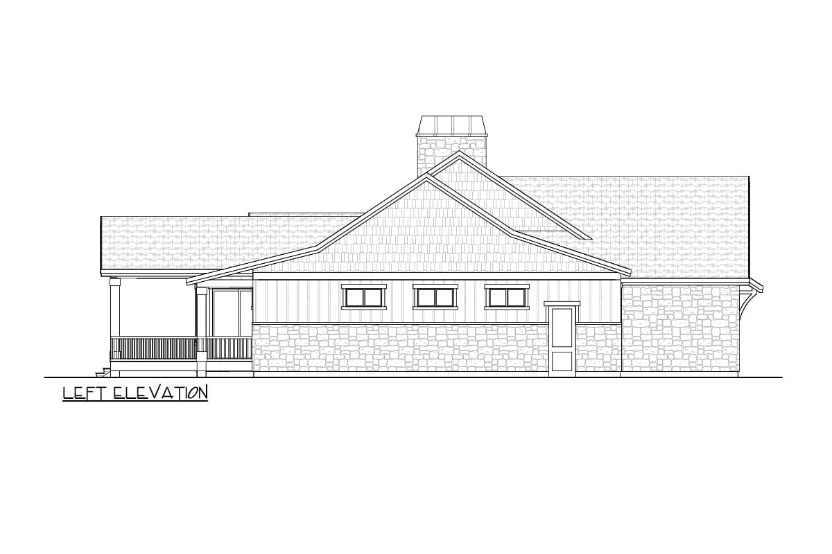Left elevation of a house plan featuring a covered porch, stone base, vertical siding, gabled roof, and a prominent chimney.