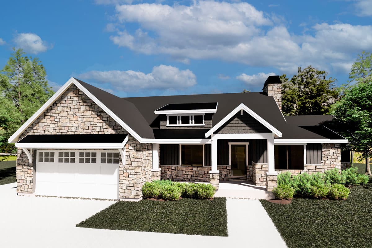House plan exterior featuring a stone facade, gabled roof, and a garage with a stone accent. Includes dormers and a covered entry porch.
