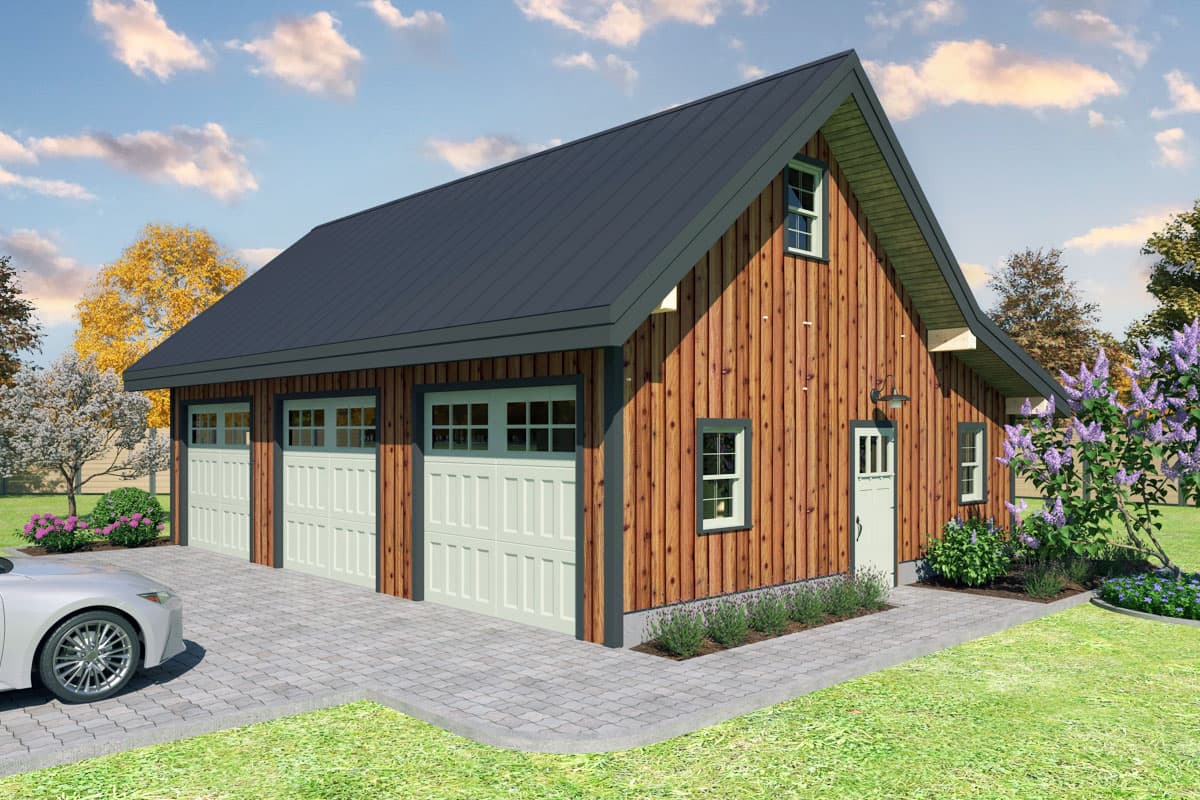 House plan exterior with wood siding and a dark metal roof. Features three-car garage, multiple gables, and a small entry door.