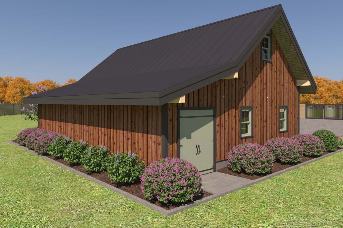 House plan exterior of a tall, narrow structure with vertical wood siding, dark metal gable roof, and double doors.