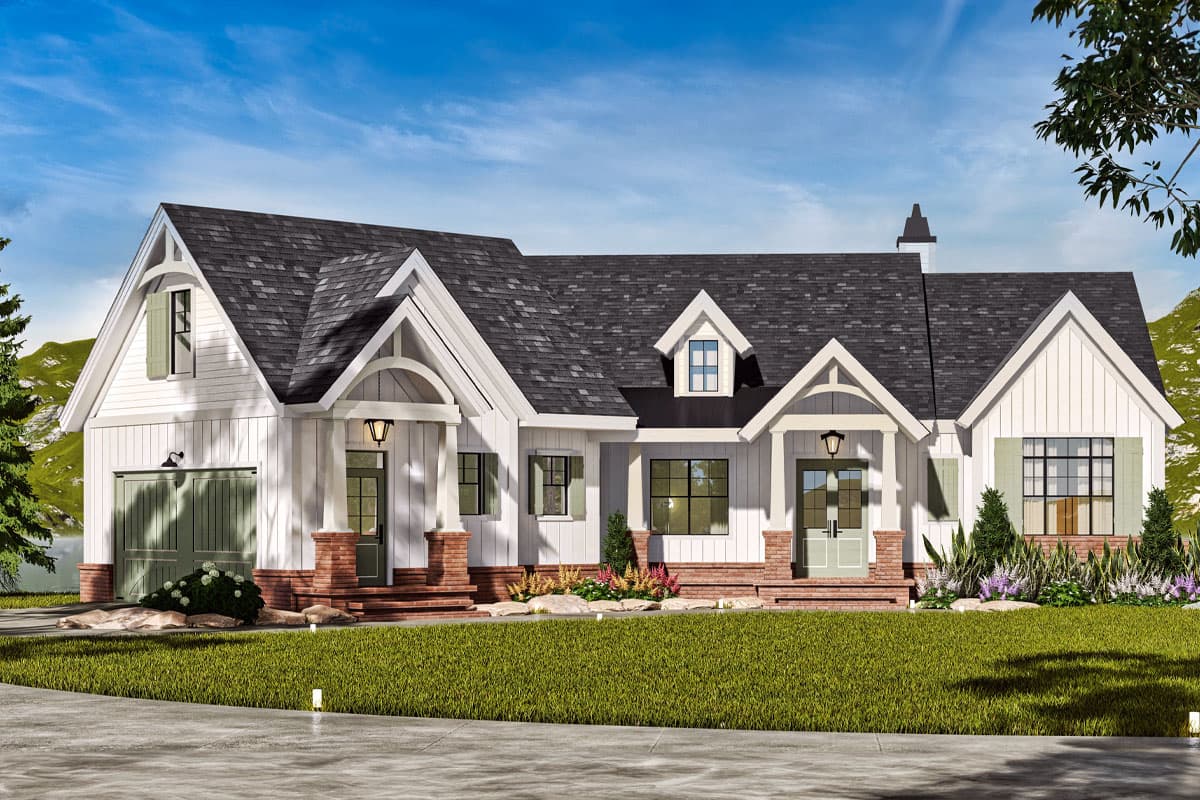 House plan exterior. Modern Farmhouse style with gabled roof, dormers, and front porch. Features include a garage, entry porticos, and brick accents.