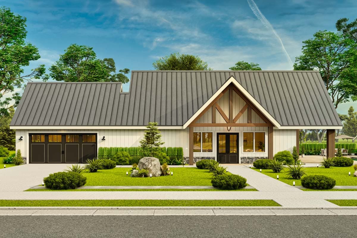House plan exterior. Modern farmhouse style with a single story, metal roof, gabled entry, and attached garage. Includes covered porch.