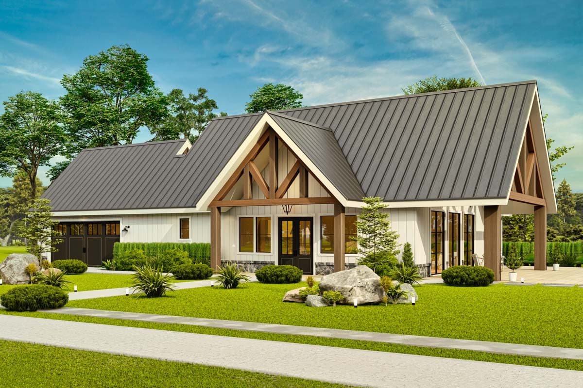Modern Farmhouse house plan exterior with metal roof, exposed beams, covered front porch, and attached garage.