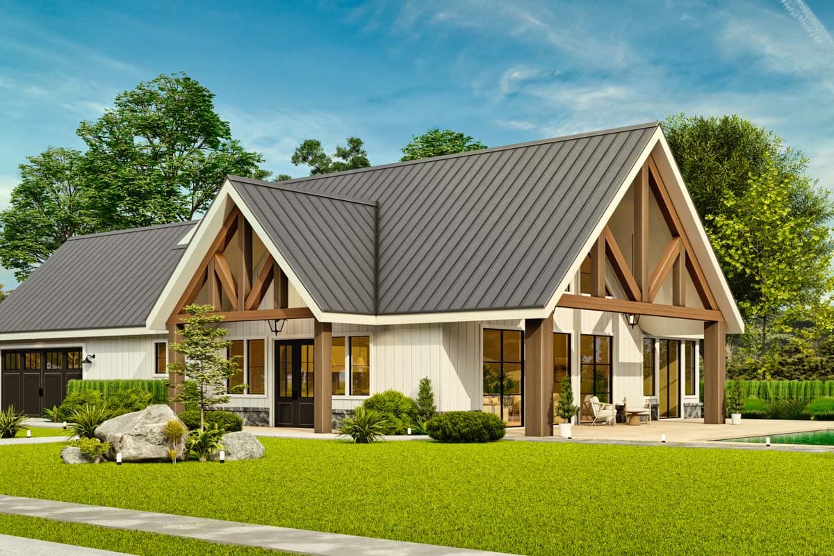 Modern Farmhouse house plan exterior with gable roof, exposed beams, porch, and attached garage.