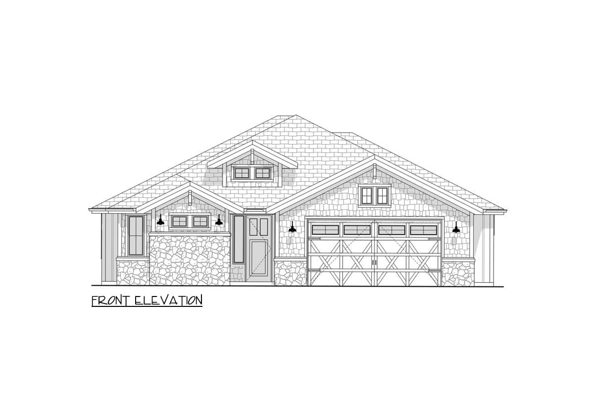Front elevation drawing of a one-story house with stone facade, prominent gables, dormers, and a two-car garage.