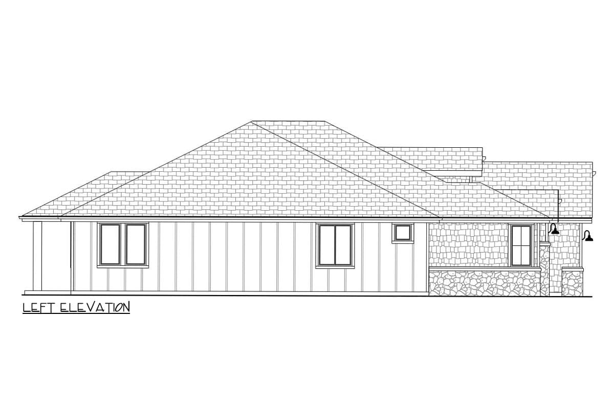 Left elevation drawing of a house plan with a gabled roof, vertical siding, and stone foundation accents.