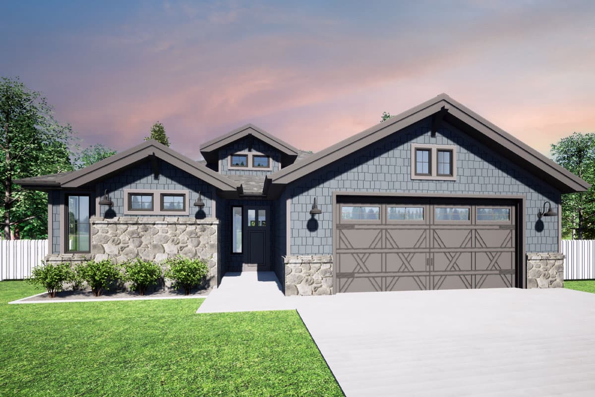 House plan exterior with Craftsman style, single story, stone facade accents, gabled roof, and attached garage.
