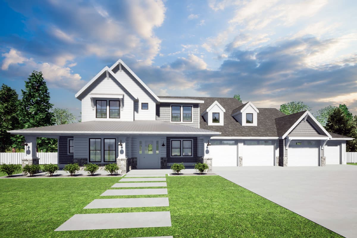 House plan exterior: Two-story Modern Farmhouse with gabled roof, covered porch, and three-car garage. Dormers and stone accents are visible.