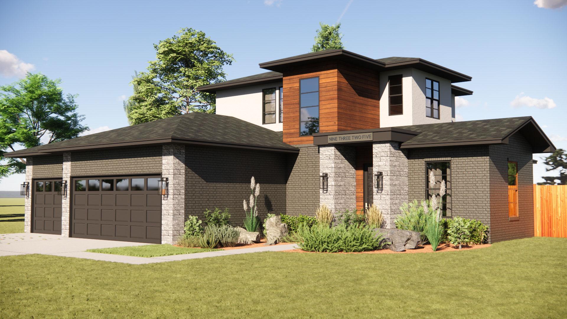 House plan exterior of a two-story Modern style home with a three-car garage, stone and brick facade, and wood accents.