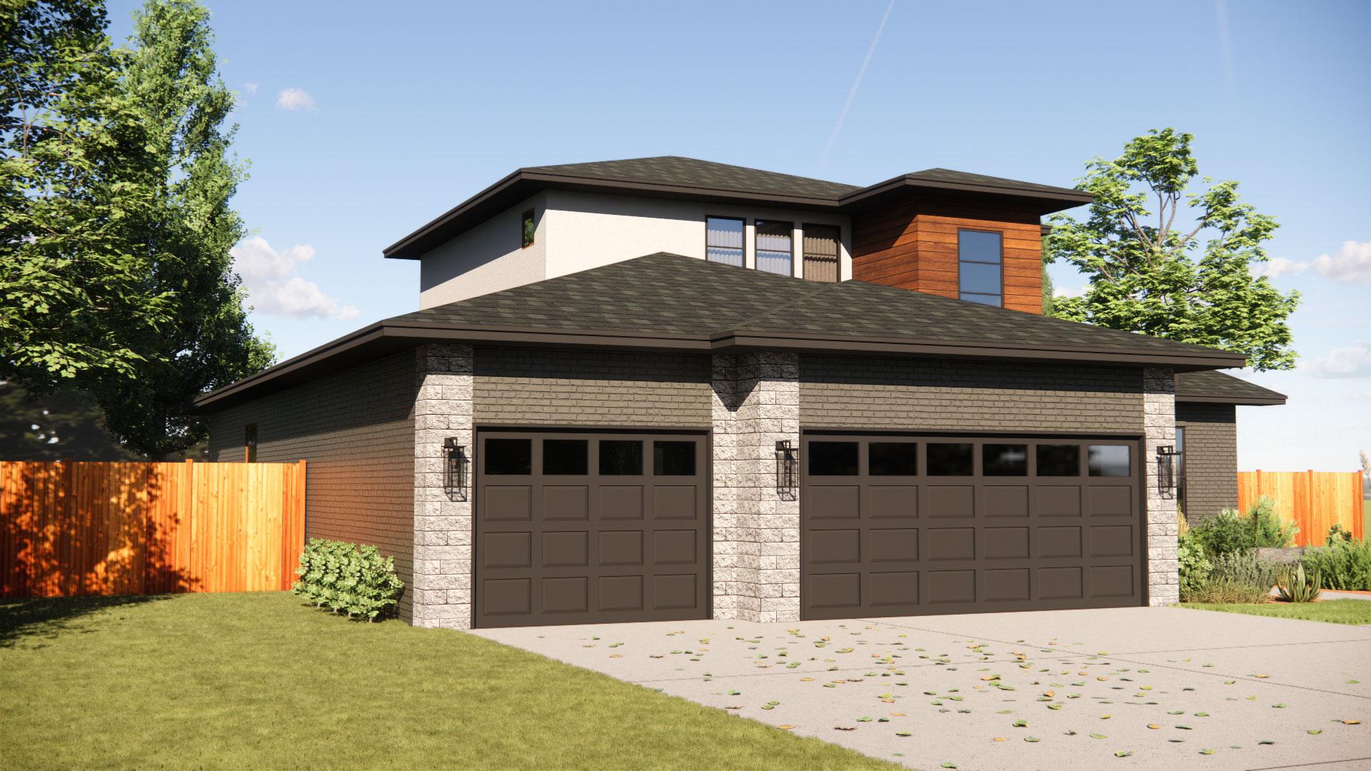 House plan exterior, two-story modern home with a three-car garage, stone accents, and wood siding.
