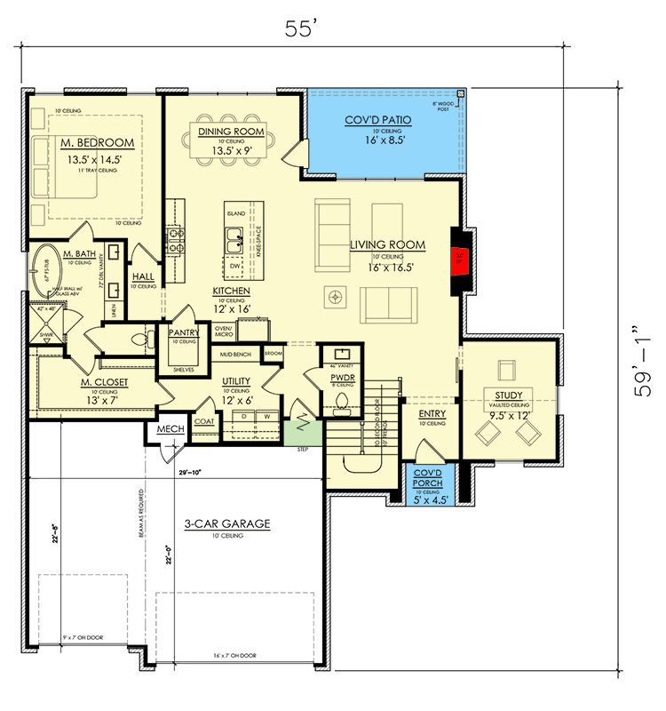 Plan 421554CHD: Modern Prairie-Style House Plan with 3 Beds and 3 Car Garage - 2335 Sq Ft - Floor Plan - Main Level - Contemporary, Prairie