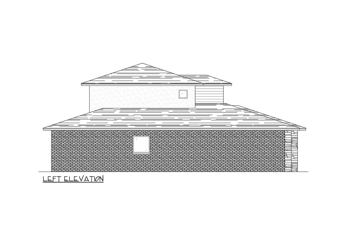 Left elevation of a two-story house plan with brick veneer siding and a pitched roof.